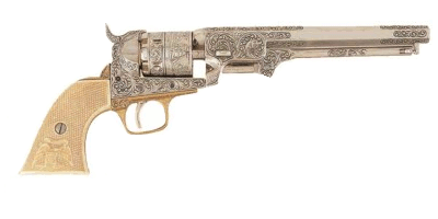 1851 Navy Engraved Revolver,nickel, mock Ivory  textured grips.