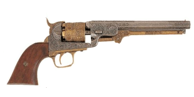 1851 Navy Engraved Revolver, Grey and Brass, Wood Grips.