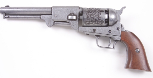 1849 Dragoon revolver, grey with wood grips.