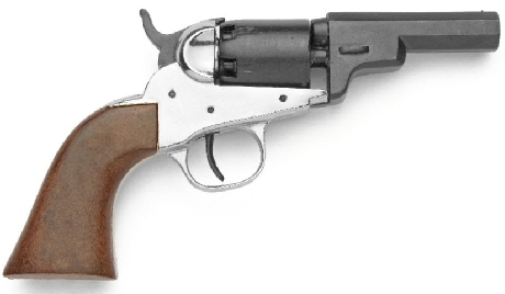 1849 Navy Pocket Pistol, nickel with black barrel, wood grips.