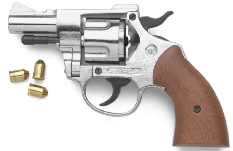 .357 Magnum-Style 9mm Blank Firing Pistol, Nickel, Wood Grips