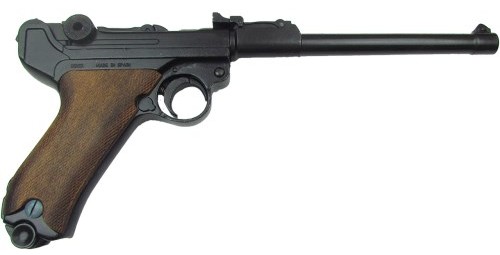 P08 Luger Lange Pistol, black, wood checkered grips.