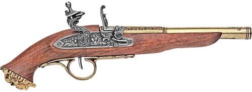 1700s Pirate Flintlock Pistol, brass barrel, real wood stock.