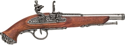 1700s Pirate Flintlock Pistol, grey barrel, real wood stock.