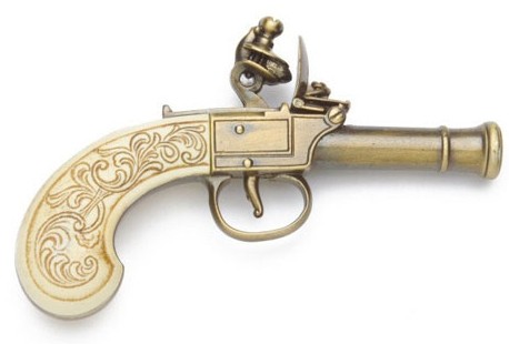 Ladies Purse or Muff Pistol, mock ivory grip, antiqued gold finish