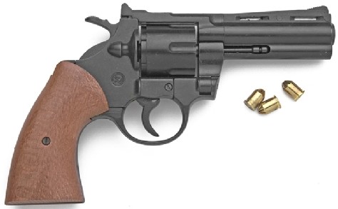 9mm blank-firing Magnum-style pistol, black, simulated wood grips