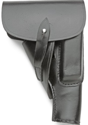 Universal Holster for P38 and P08 type pistols, black leather, extra magazine pouch and full flap cover