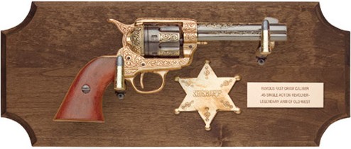 Frontier sheriff framed set, 1873 engraved SAA, dark wood frame