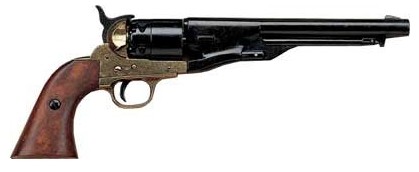 1860 Army revolver, black and brass, wood grips.