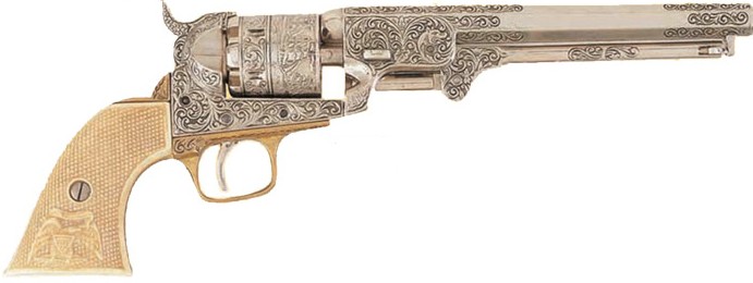1851 Navy revolver, engraved nickel, faux ivory grips.