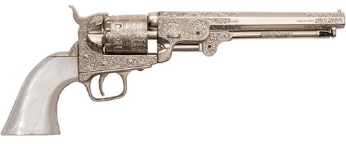 1851 Navy revolver, engraved nickel with pearl-like grips.