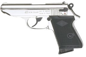 James Bond 9mm blank-fire auto pistol, nickel, black grips.