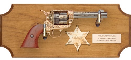 Frontier sheriff framed set, 1873 engraved SAA, lilght wood frame