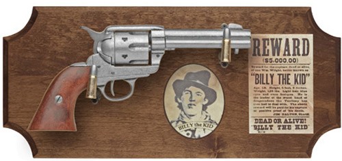 Billy the Kid framed replica revolver display, dark wood frame