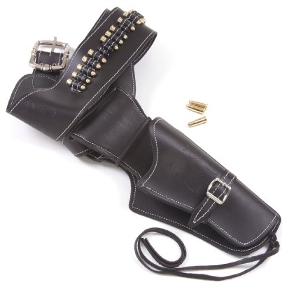 All leather black holster and gunbel with repl;ica bullets.