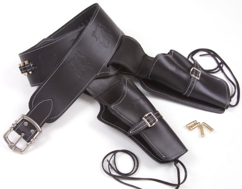 All leather black double holster and gunbelt with replica bullets.