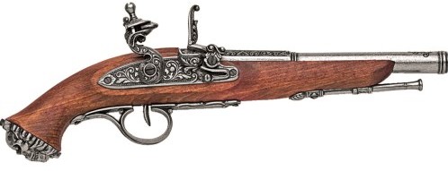 1700s Pirate Flintlock Pistol, grey finish, wood stock.