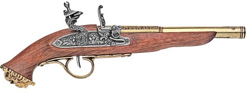 1700s Pirate Flintlock Pistol, brass barrel, wood stock.