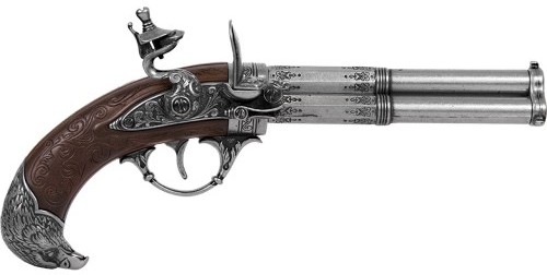 Triple-barrel flintlock pistol, ornate birds head stock.grey finish.