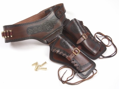 Double holster and gunbelt, brown-black leather with replica bullets..