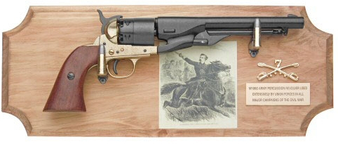 General Custer Framed Set, 1860 Army Revolver on wood plaque with engraving of Custer, crossed saber cavalry insignia and brass identification plate