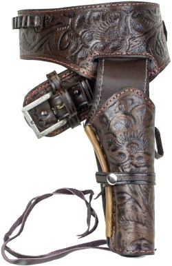 Tooled leather holster and gunbelt in dark brown antiqued leather.