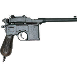 Mauser C-96 Broomstick Machine Pistol, black, checkered grip.