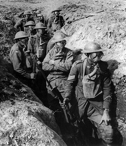 WWI Infantry in the trenches wearing gas masks, Ypres, 1917