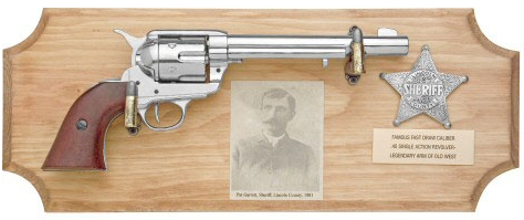 Pat Garrett Framed Set - SAA Cavalry Model Revolver, photo of Pat Garrett and replica Lincoln County Badge on wood plaque