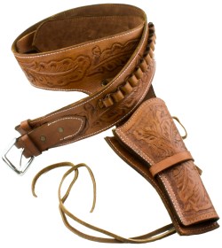 Saddle tan fast-draw tooled leather holster and gunbelt.